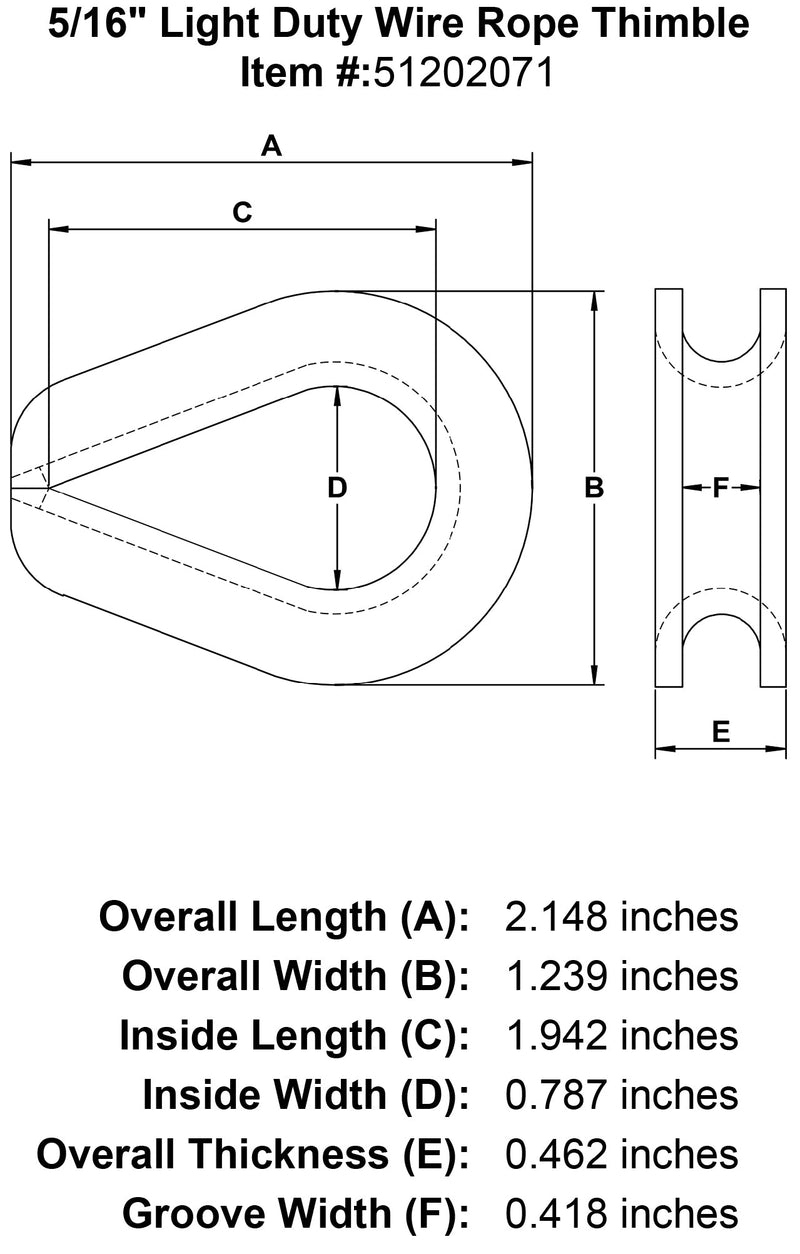 five sixteenths inch Light Duty Wire Rope Thimble specification diagram