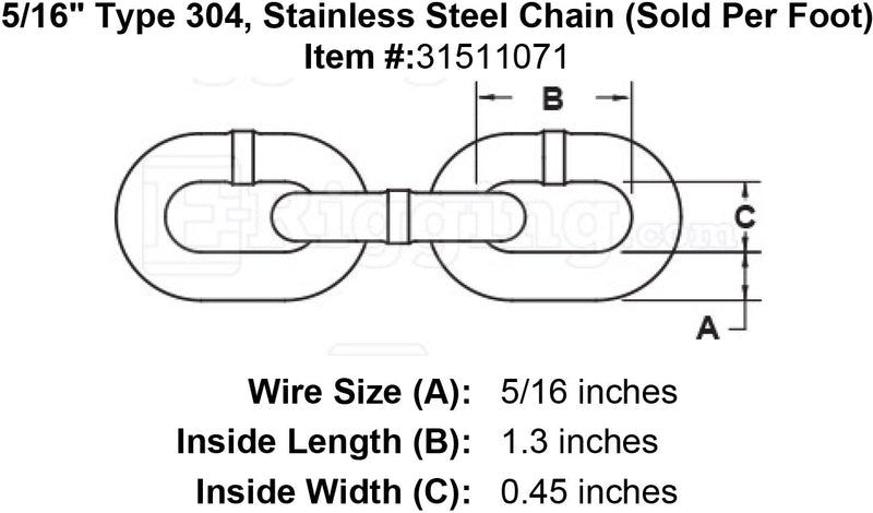five sixteenths inch Stainless Chain specification diagram
