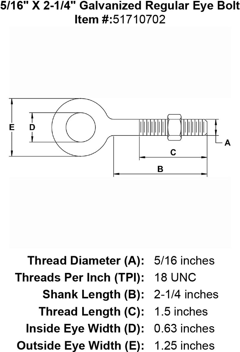 five sixteenths inch X 2 quarter inch Eyebolt specification diagram