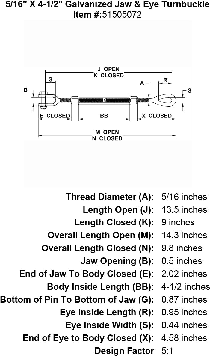 five sixteenths inch X 4 1 2 inch Jaw Eye Turnbuckle specification diagram