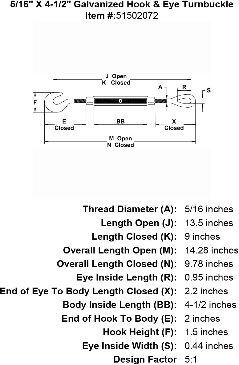 five sixteenths inch X 4 half inch Hook Eye Turnbuckle specification diagram