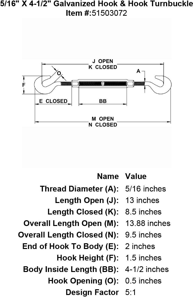 five sixteenths inch X 4 half inch Hook Hook Turnbuckle specification diagram