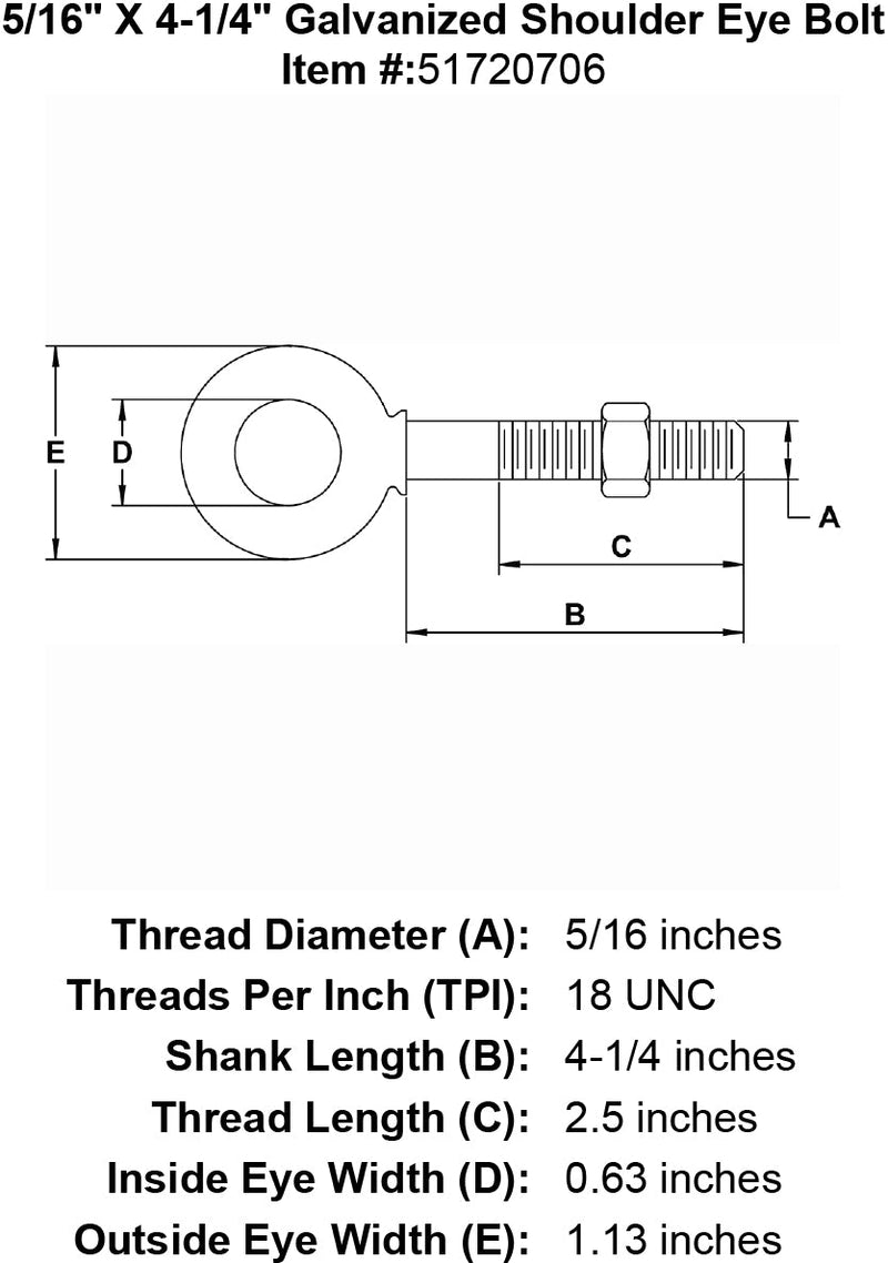 five sixteenths inch X 4 quarter inch Shoulder Eyebolt specification diagram