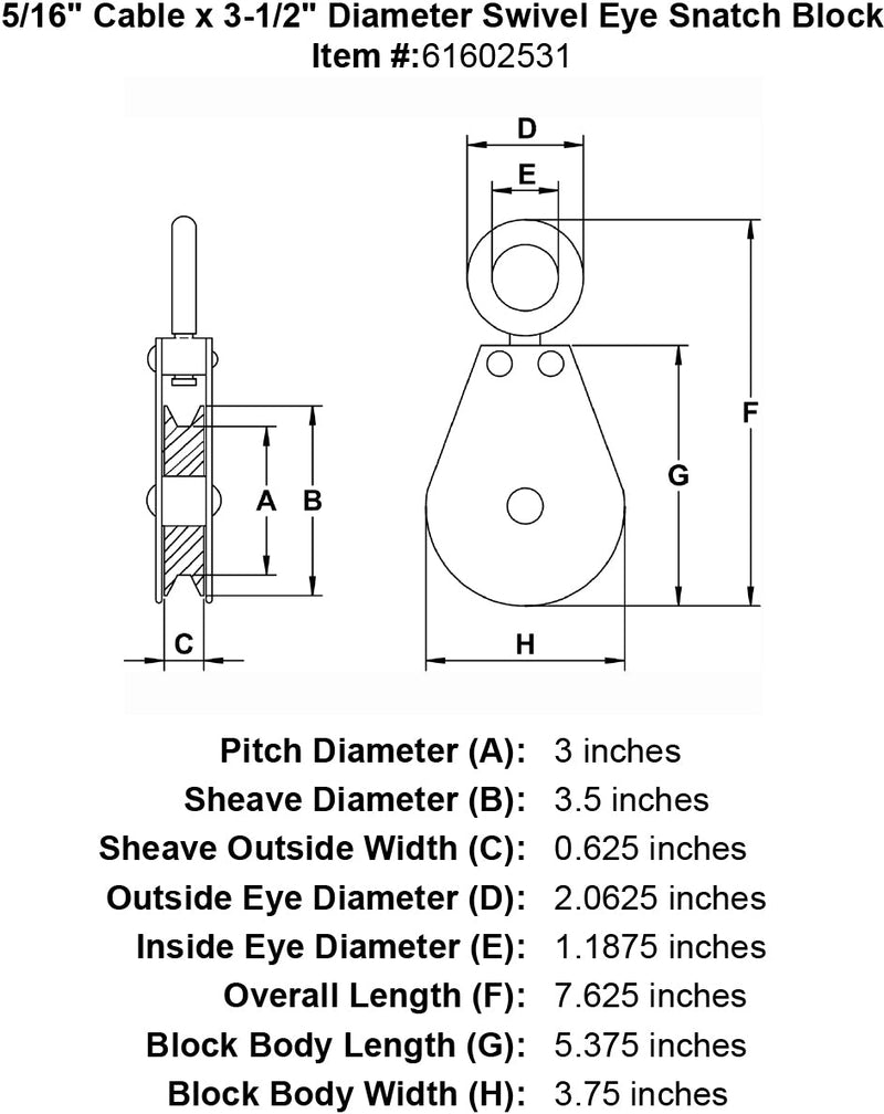 five sixteenths inch hd swivel eye snatch block specification diagram