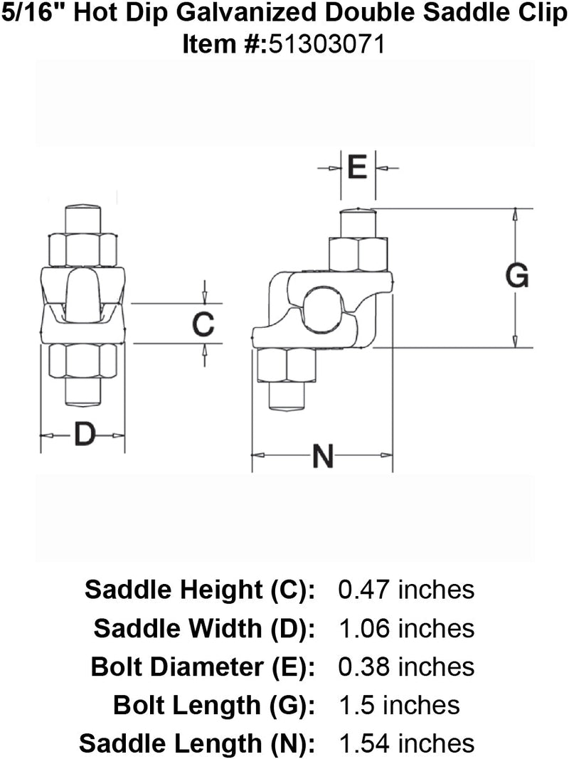 five sixteenths inch hot dip galvanized double saddle clip specification diagram