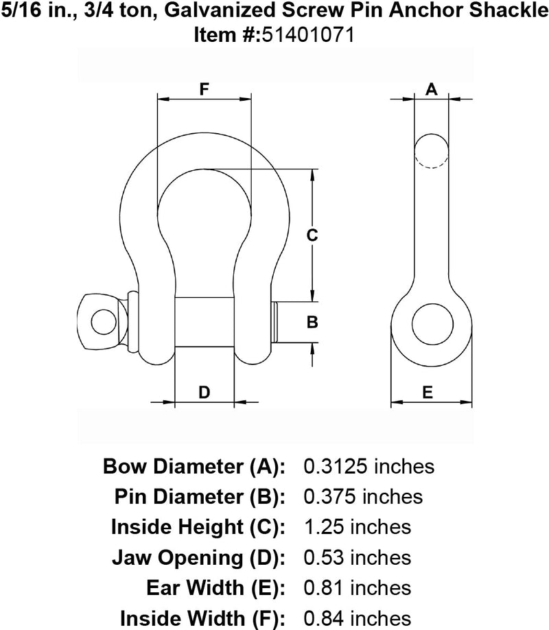 five sixteenths inch screw pin shackle specification diagram