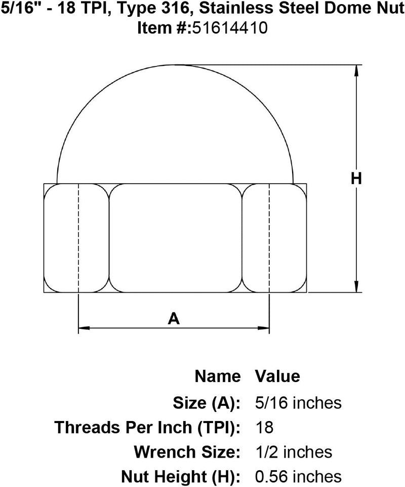 five sixteenths inch stainless dome nut specification diagram