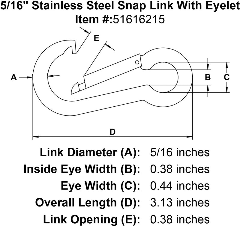 five sixteenths inch stainless snap link eyelet specification diagram