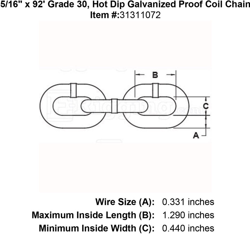five sixteenths inch x 92 foot Grade 30 galvanized chain specification diagram