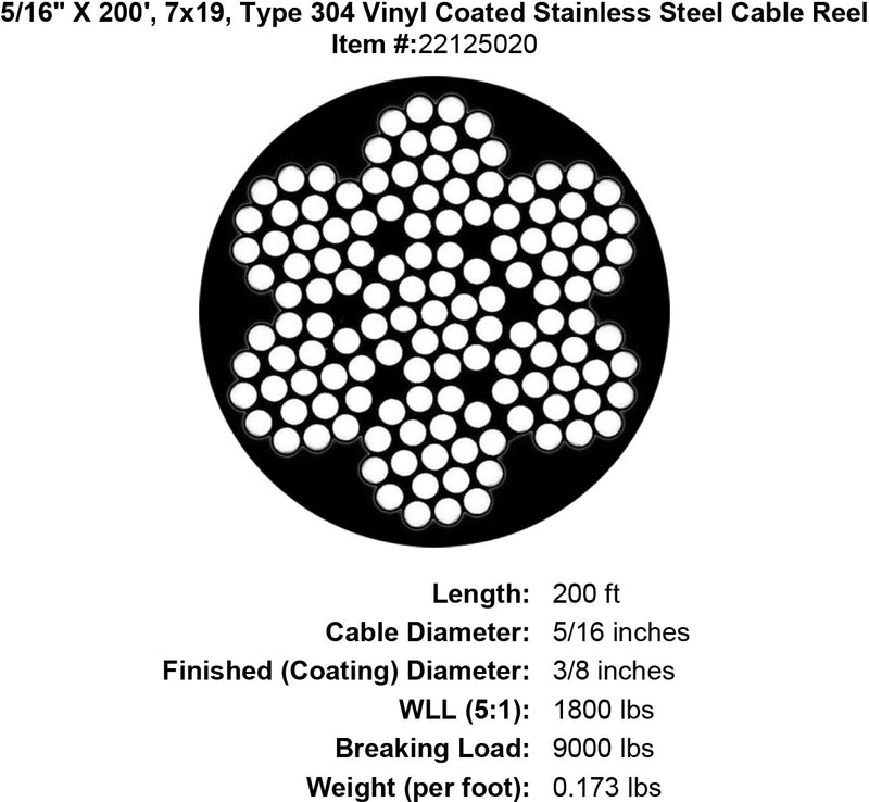 five sixteenths x 200 foot coated stainless cable specification diagram