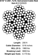five sixteenths x 250 foot galvanized cable specification diagram