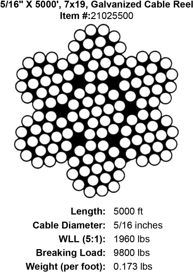 five sixteenths x 5000 foot galvanized cable specification diagram