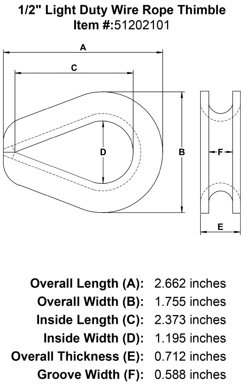 half inch Light Duty Wire Rope Thimble specification diagram
