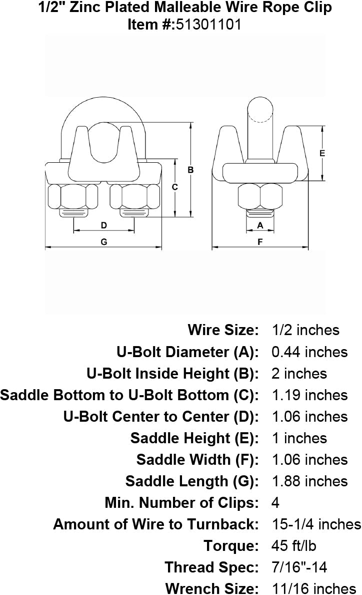 half inch Malleable Wire Rope Clip specification diagram