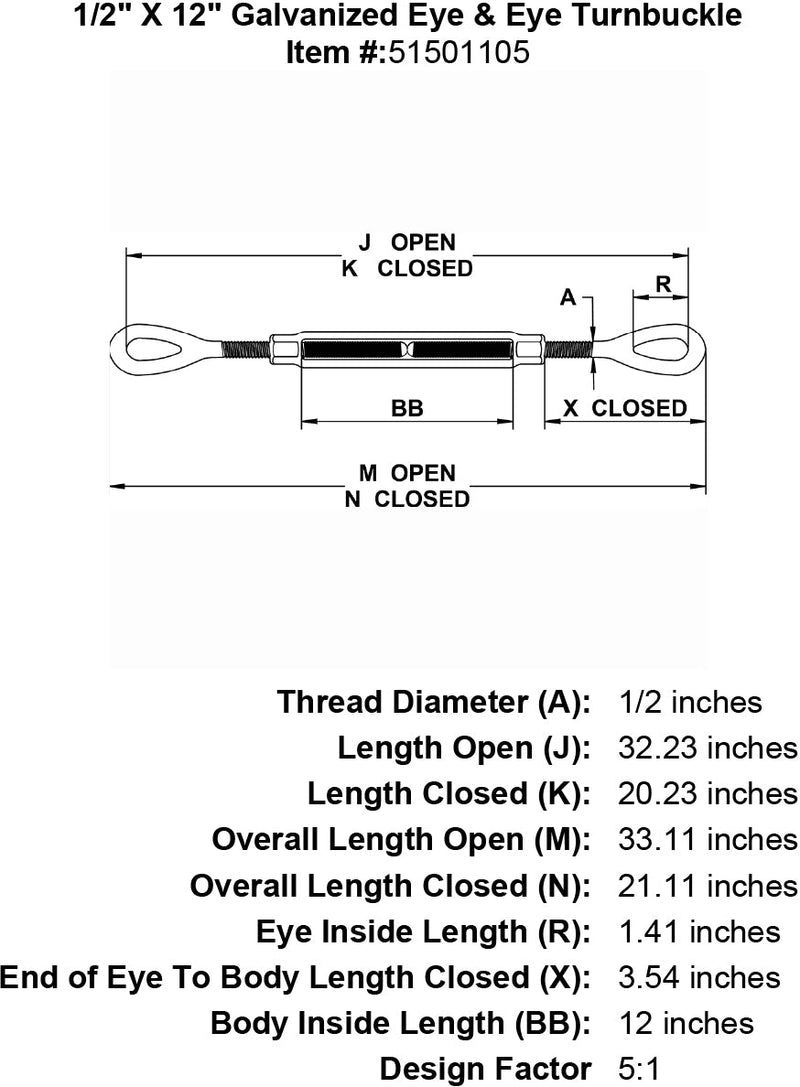 half inch X 12 inch Eye Eye Turnbuckle specification diagram