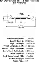 half inch X 12 inch Hook Hook Turnbuckle specification diagram