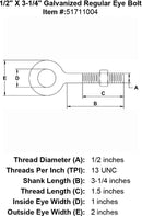half inch X 3 quarter inch Eyebolt specification diagram