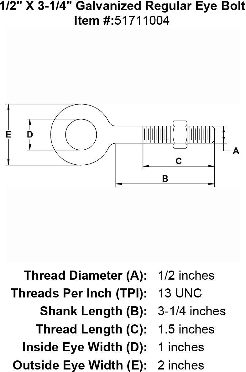 half inch X 3 quarter inch Eyebolt specification diagram