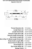 half inch X 6 inch Hook Eye Turnbuckle specification diagram