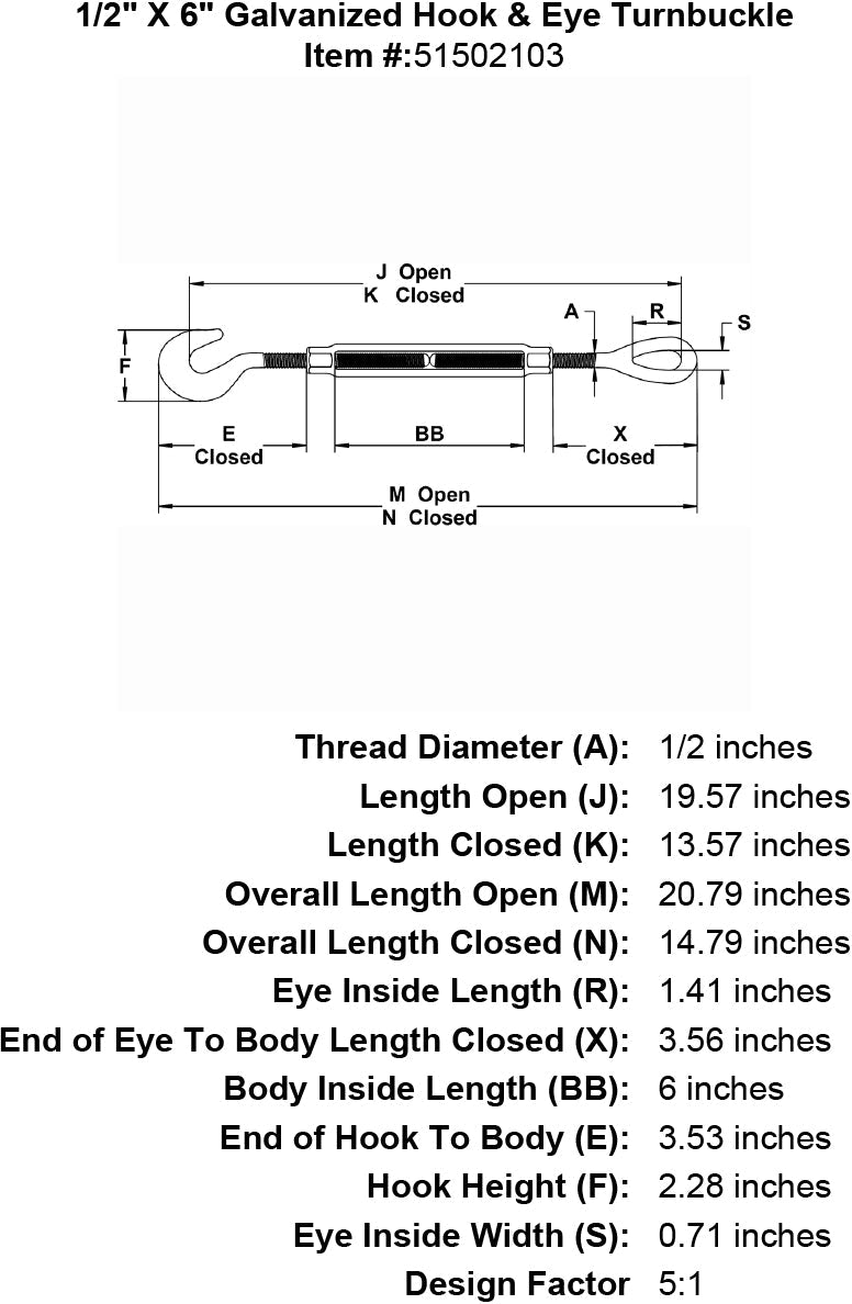 half inch X 6 inch Hook Eye Turnbuckle specification diagram