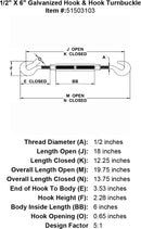 half inch X 6 inch Hook Hook Turnbuckle specification diagram