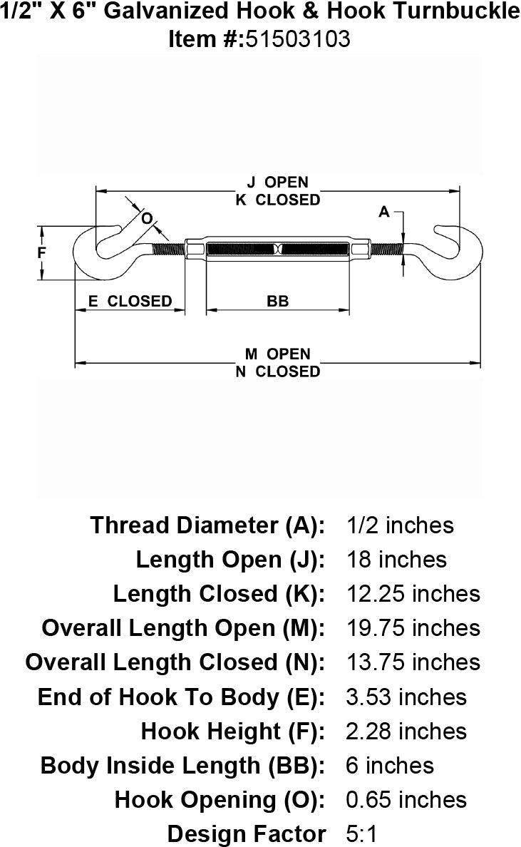 half inch X 6 inch Hook Hook Turnbuckle specification diagram