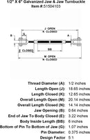 half inch X 6 inch Jaw Jaw Turnbuckle specification diagram