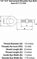 half inch X 6 inch Shoulder Eyebolt specification diagram