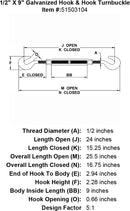 half inch X 9 inch Hook Hook Turnbuckle specification diagram