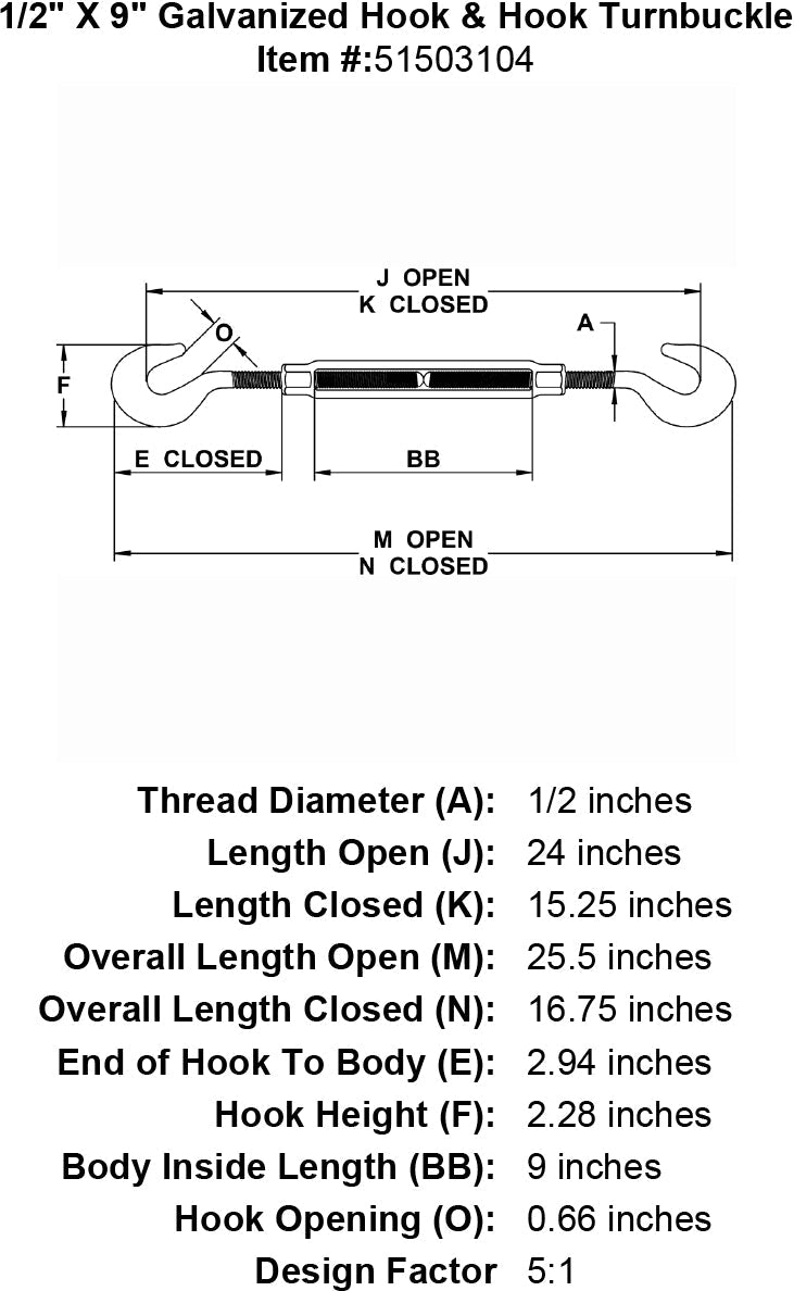 half inch X 9 inch Hook Hook Turnbuckle specification diagram