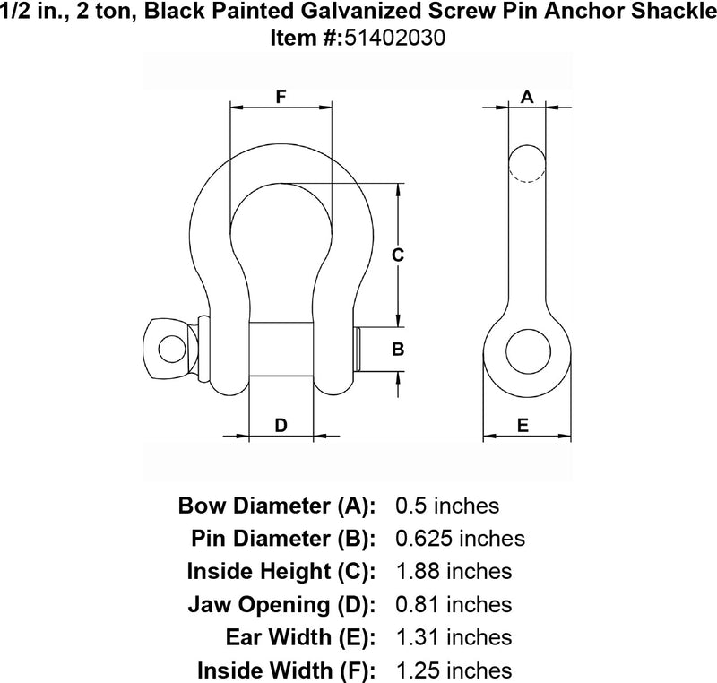 half inch black screw pin shackle specification diagram