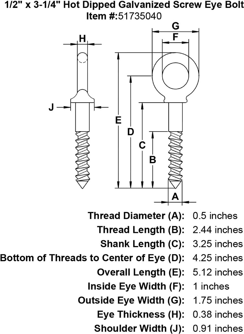 half inch screw eye bolt specification diagram