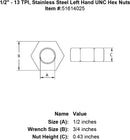 half inch stainless hex nut left specification diagram