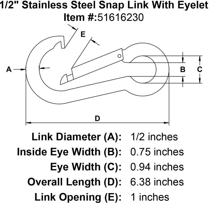 half inch stainless snap link eyelet specification diagram