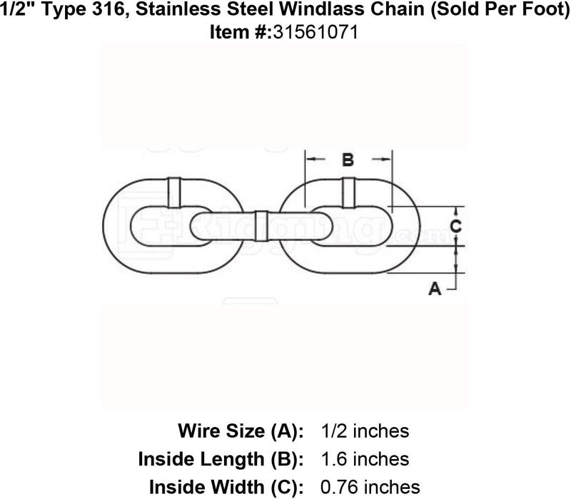 half inch stainless windlass chain specification diagram