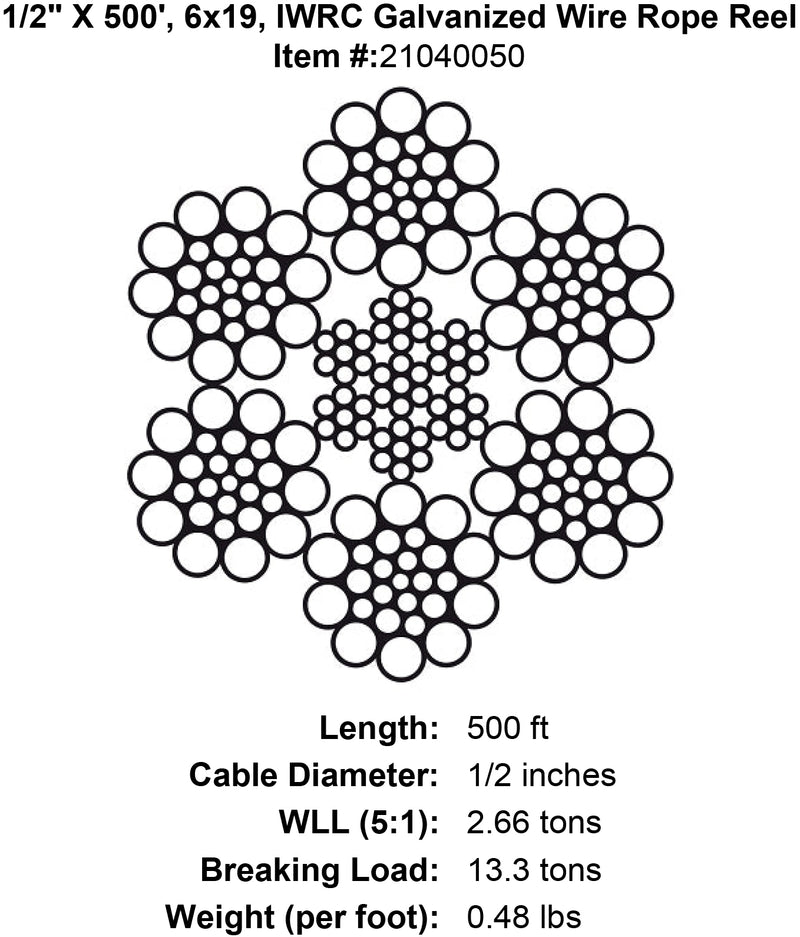 half inch x 500 foot iwrc galvanized wire rope specification diagram