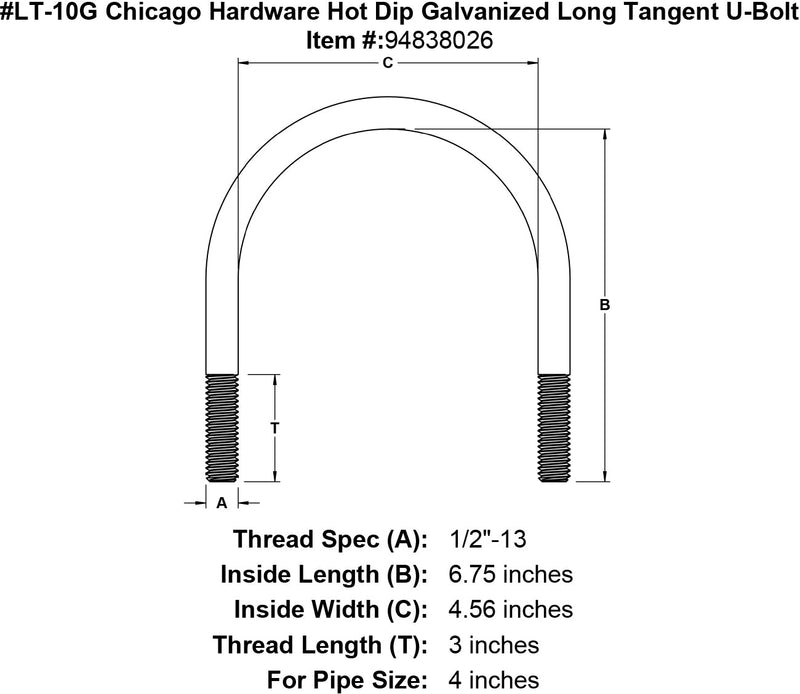 lt 10g chicago hardware hot dip galvanized long tangent u bolt specification diagram