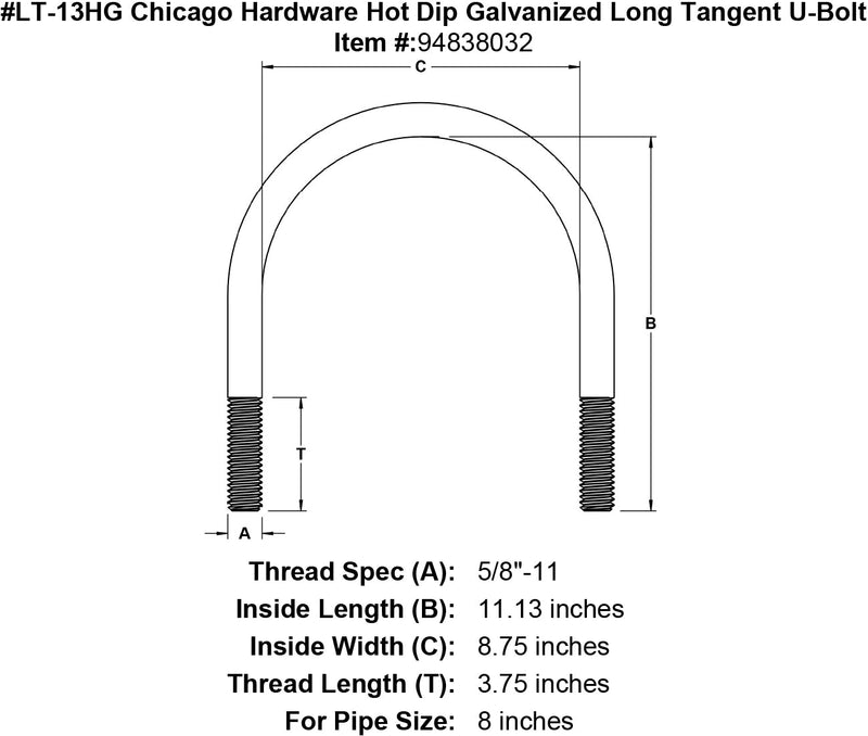 lt 13hg chicago hardware hot dip galvanized long tangent u bolt specification diagram
