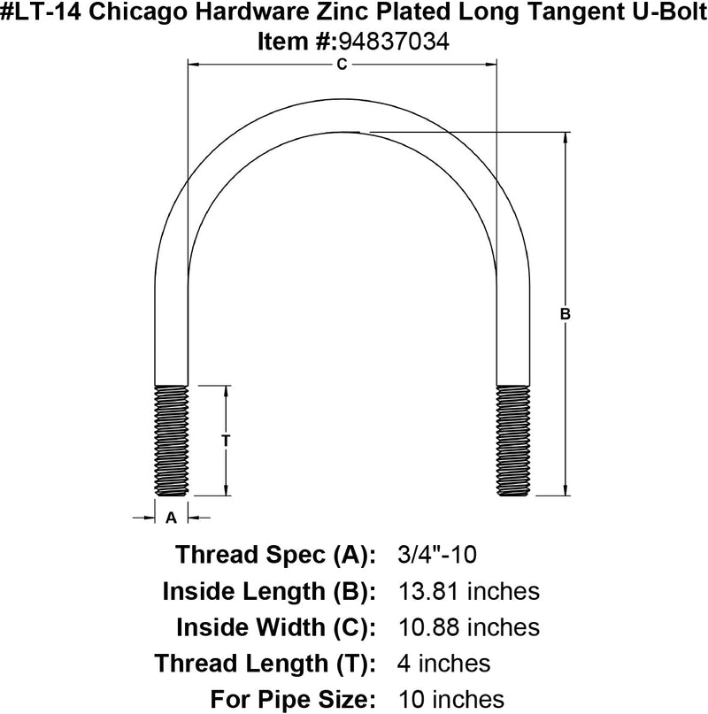 lt 14 chicago hardware zinc plated long tangent u bolt specification diagram