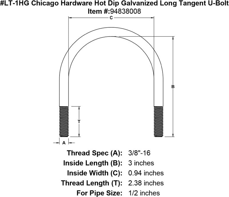 lt 1hg chicago hardware hot dip galvanized long tangent u bolt specification diagram