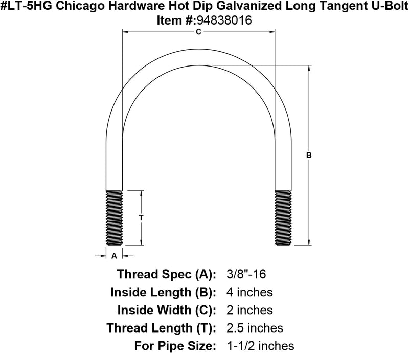 lt 5hg chicago hardware hot dip galvanized long tangent u bolt specification diagram