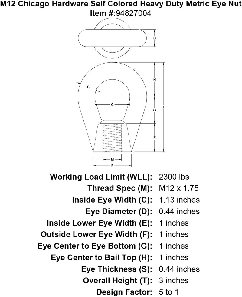 m12 chicago hardware self colored heavy duty metric eye nut specification diagram
