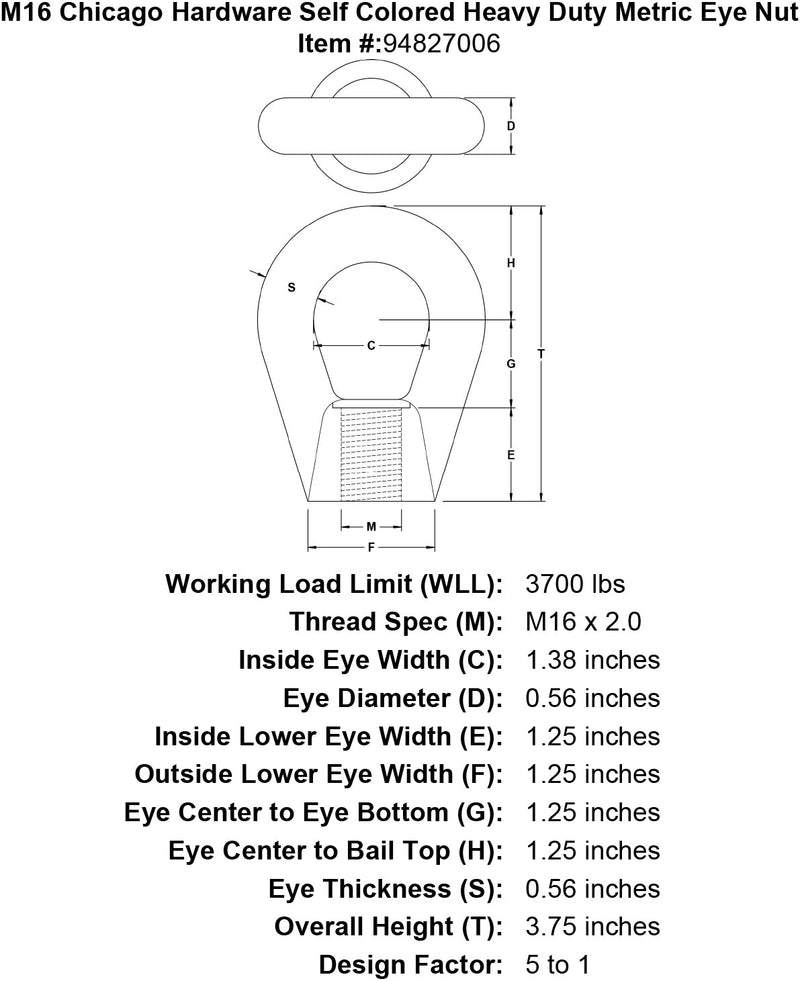 m16 chicago hardware self colored heavy duty metric eye nut specification diagram