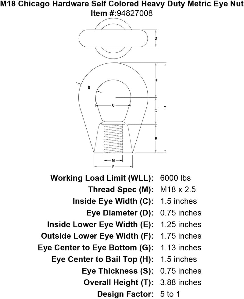 m18 chicago hardware self colored heavy duty metric eye nut specification diagram