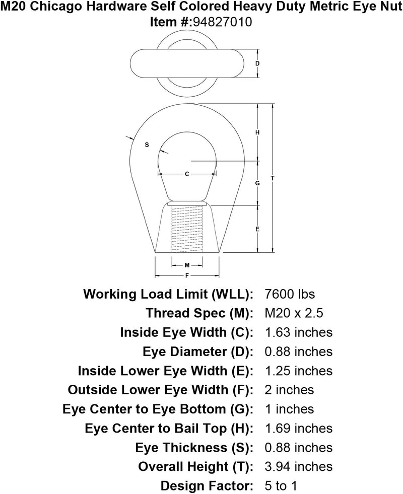 m20 chicago hardware self colored heavy duty metric eye nut specification diagram