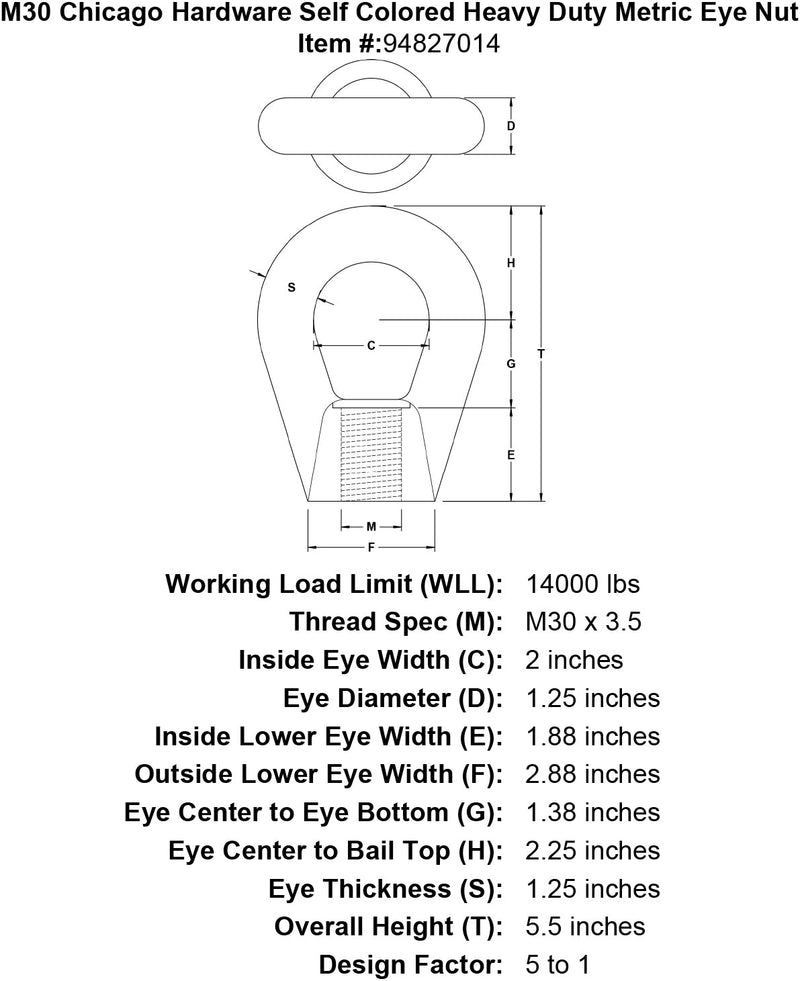 m30 chicago hardware self colored heavy duty metric eye nut specification diagram