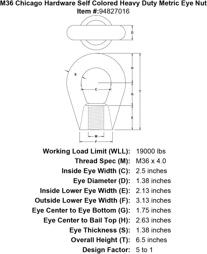 m36 chicago hardware self colored heavy duty metric eye nut specification diagram