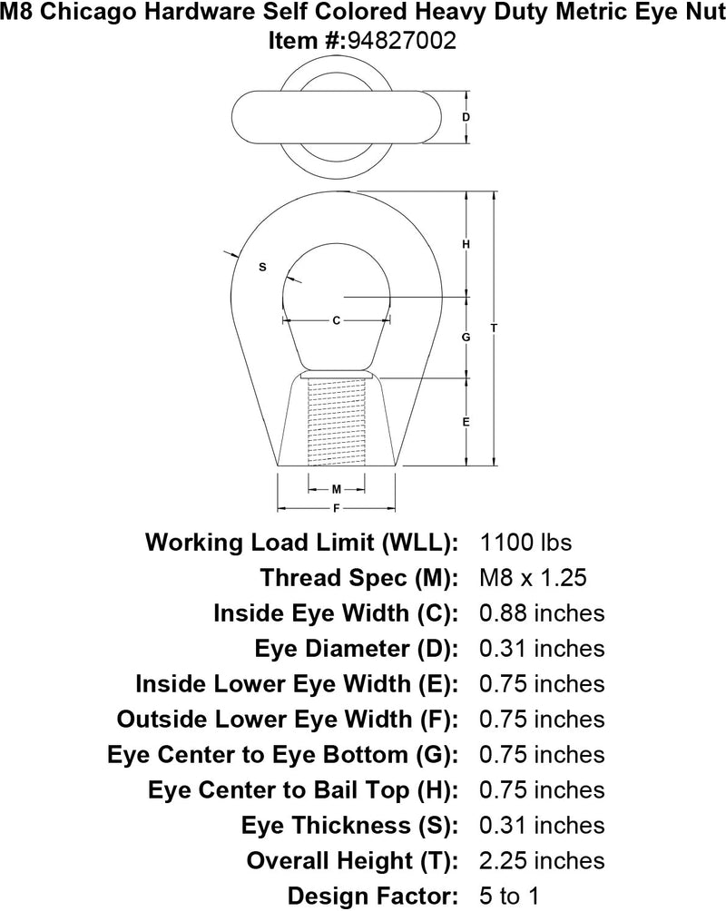 m8 chicago hardware self colored heavy duty metric eye nut specification diagram