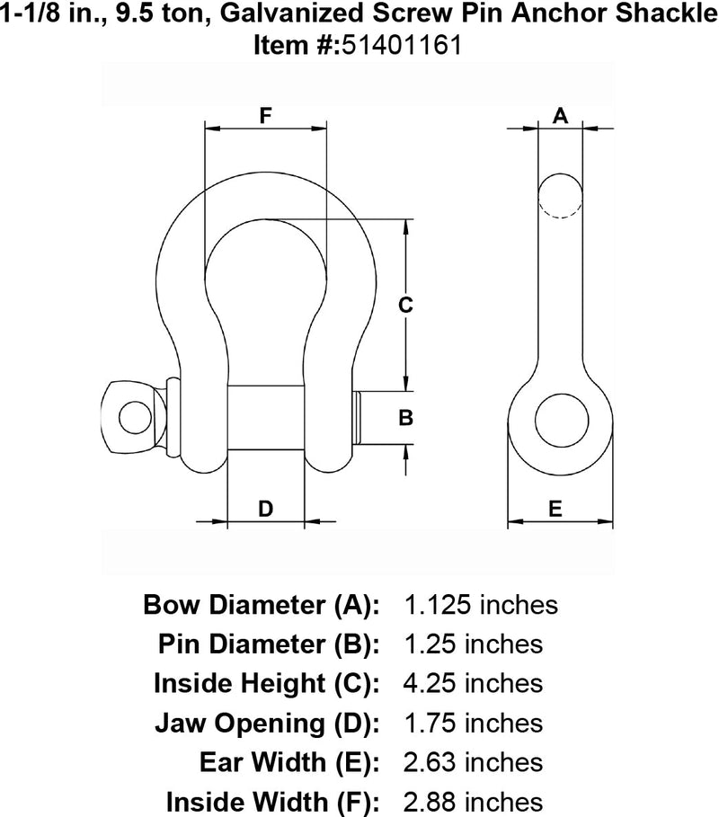 one and one eighth inch screw pin shackle specification diagram