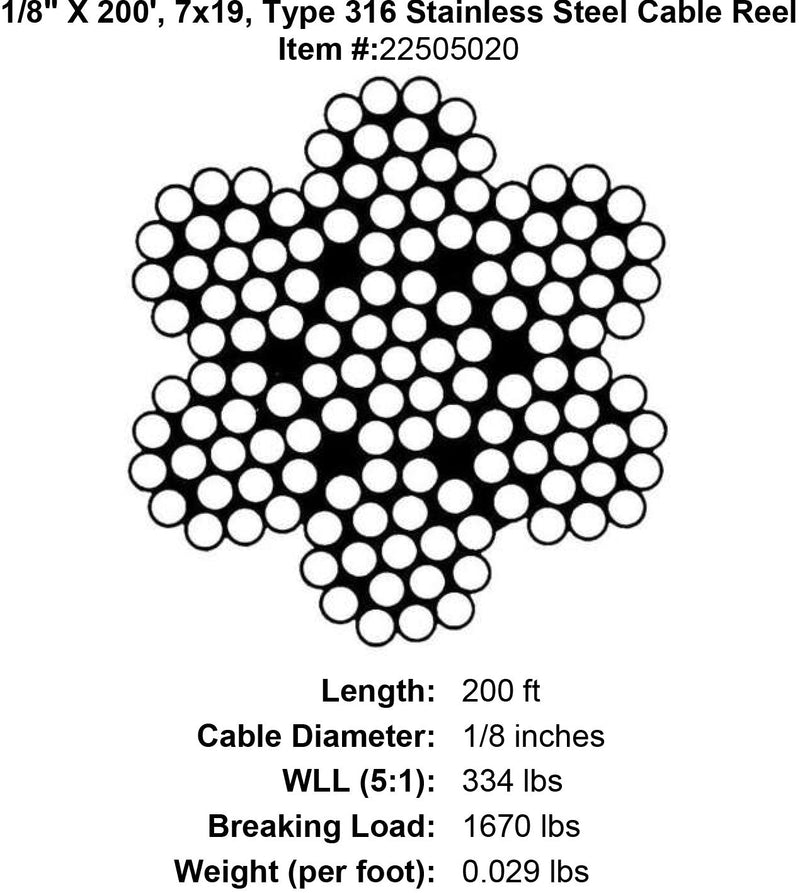 one eighth X 200 foot Grade 316 Stainless Cable specification diagram